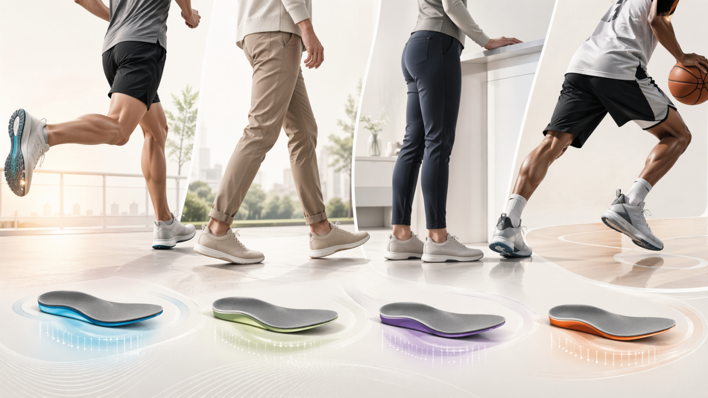 Running, walking, long standing, and basketball each load the foot differently — four activities shown above four activity-specific insoles