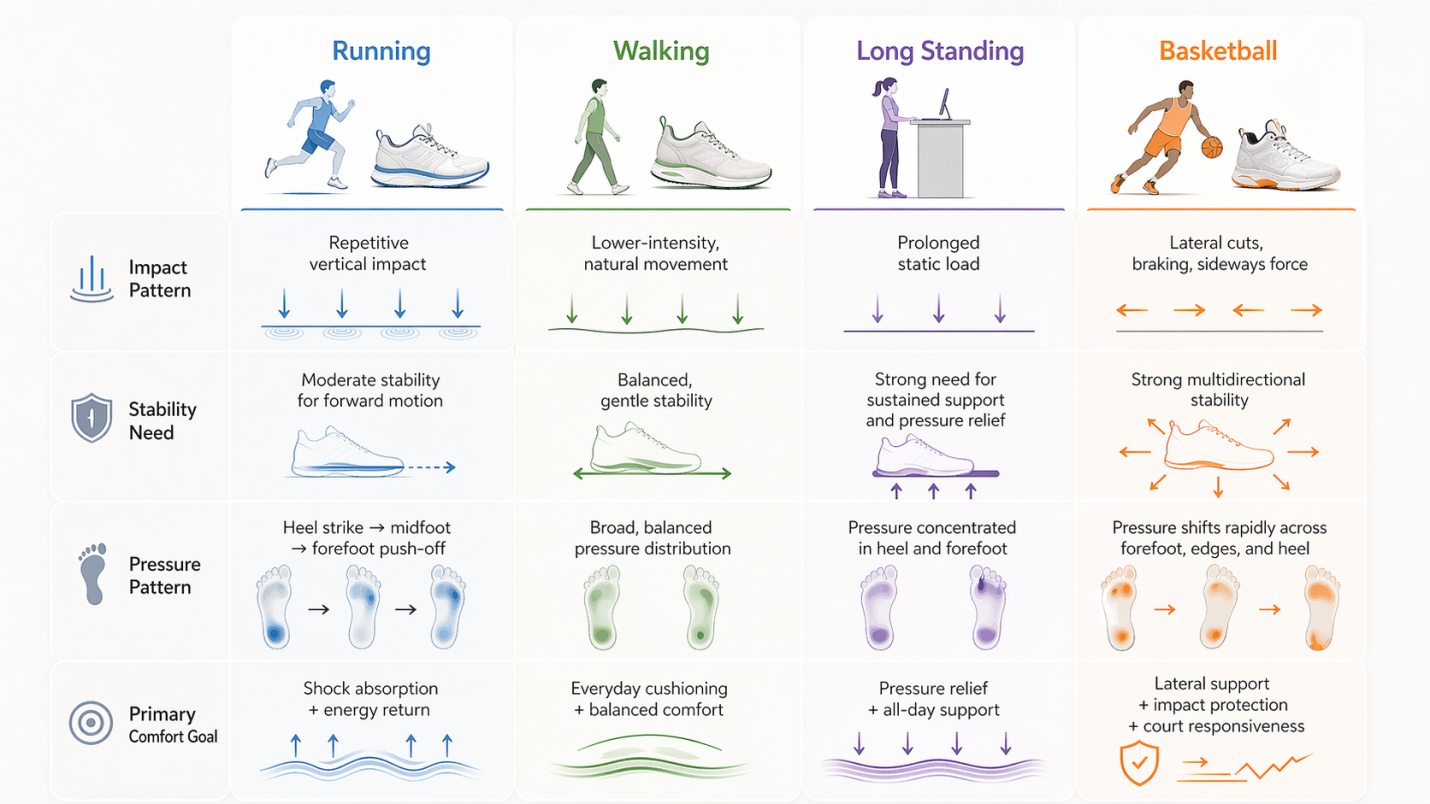 Comparison table of running, walking, long standing, and basketball across impact pattern, stability need, pressure pattern, and primary comfort goal