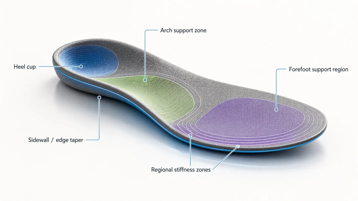 Annotated Ergono3D insole model showing the heel cup, arch support zone, sidewall taper, stiffness zones and forefoot support region