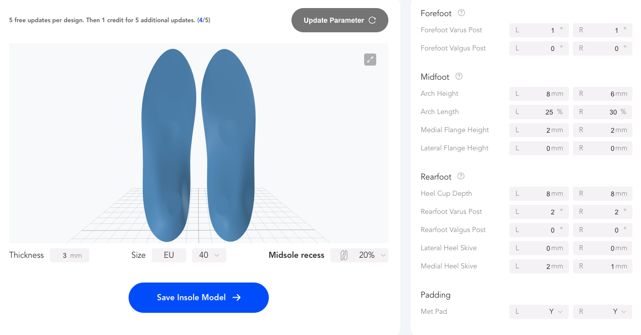 Ergono3D parameter editor showing insole preview and clinical parameter controls