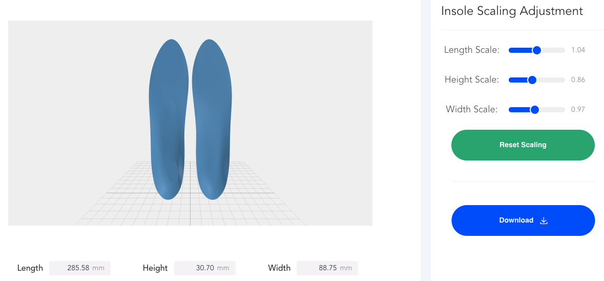 Ergono3D insole scaling panel with length, height, width sliders and download button