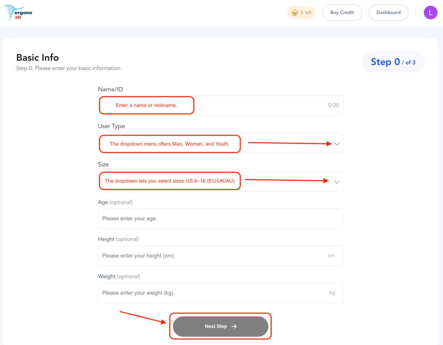 Settings page — enter name, user type, and shoe size