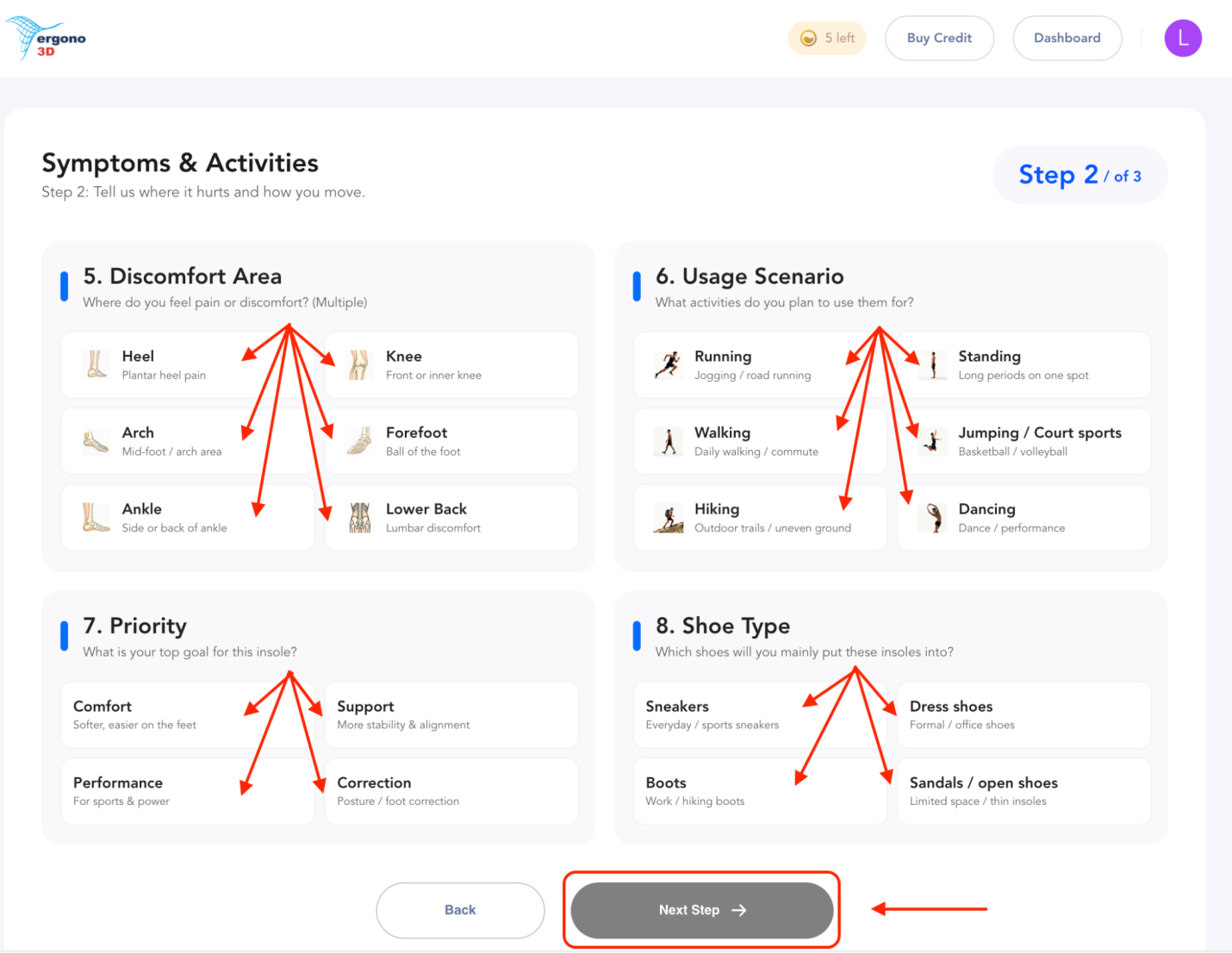 Step 2 assessment — discomfort area, usage scenario, priority, shoe type