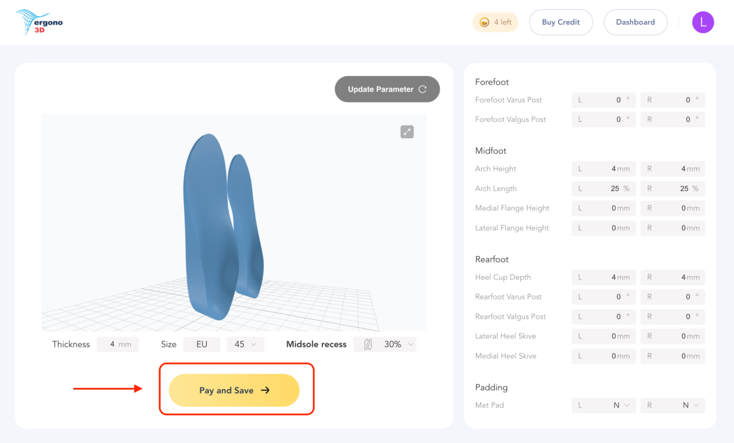 3D preview screen with custom insole model and parameter table