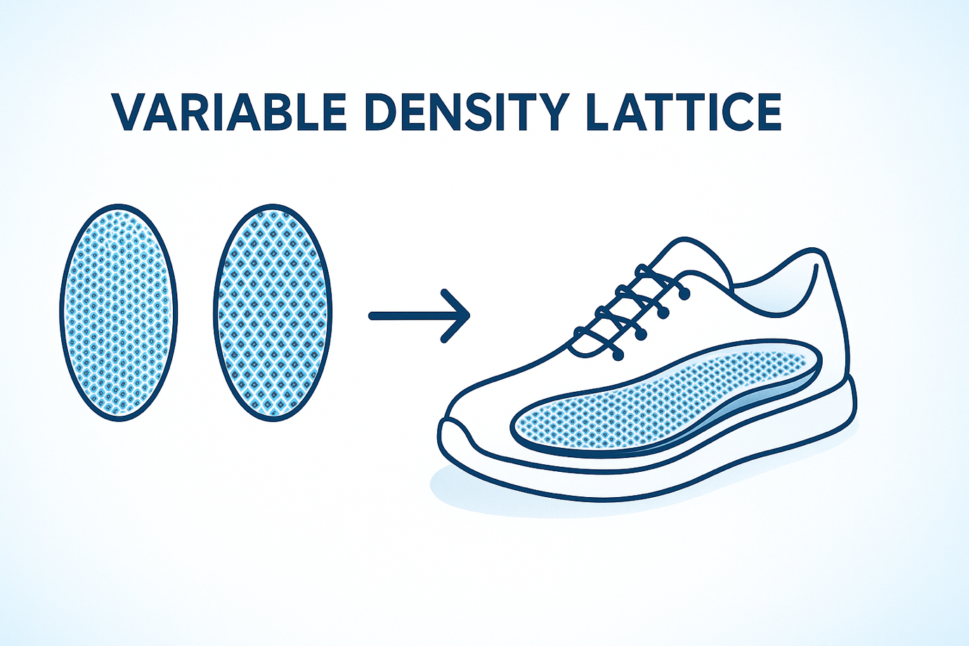 Variable density lattice structure concept for 3D printed insoles showing zones of different mechanical stiffness