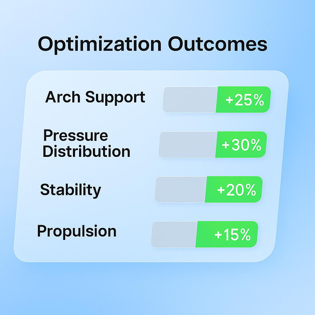 Optimization outcome chart showing improvements in arch support, pressure distribution, stability, and propulsion efficiency
