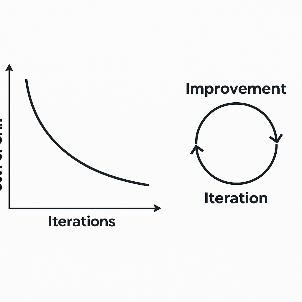 Iterative improvement curve showing how insole design quality improves through successive feedback cycles