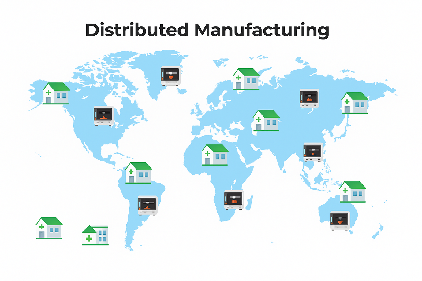Distributed manufacturing map showing custom 3D printed insoles produced at local clinics globally