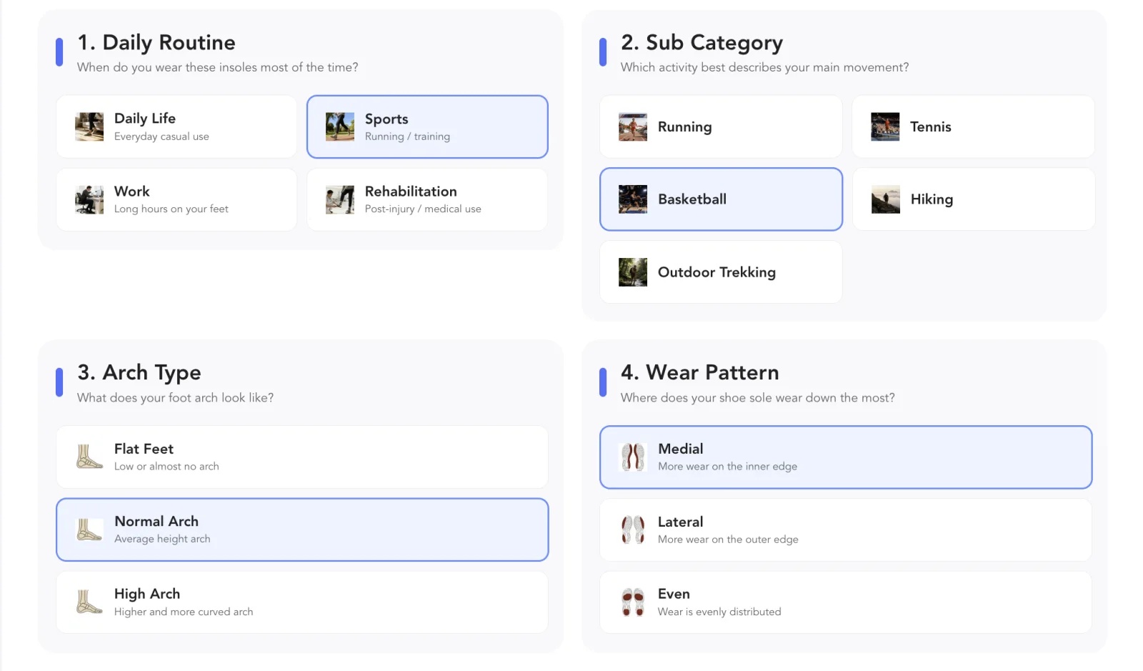 Ergono3D guided survey — daily routine, sub-category, arch type and wear pattern selected for a basketball player