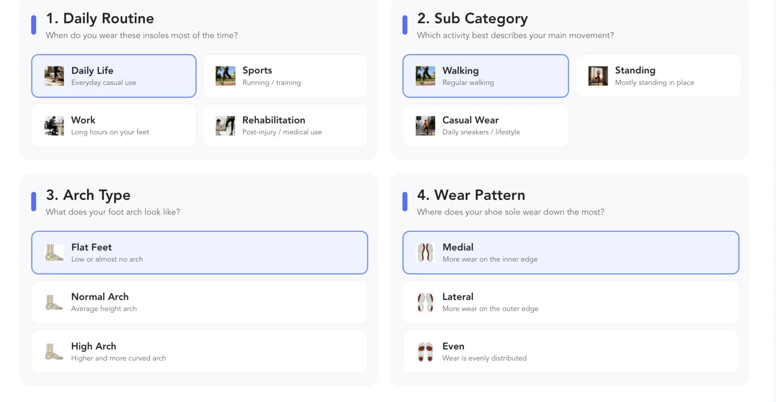 Ergono3D guided survey — daily routine, sub-category, arch type and wear pattern selected for a flat-footed walker