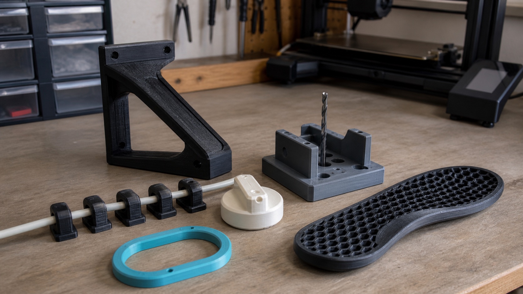 A maker workbench displaying functional 3D prints including a bracket, drill jig, cable clips, gasket, replacement knob, and lattice insole