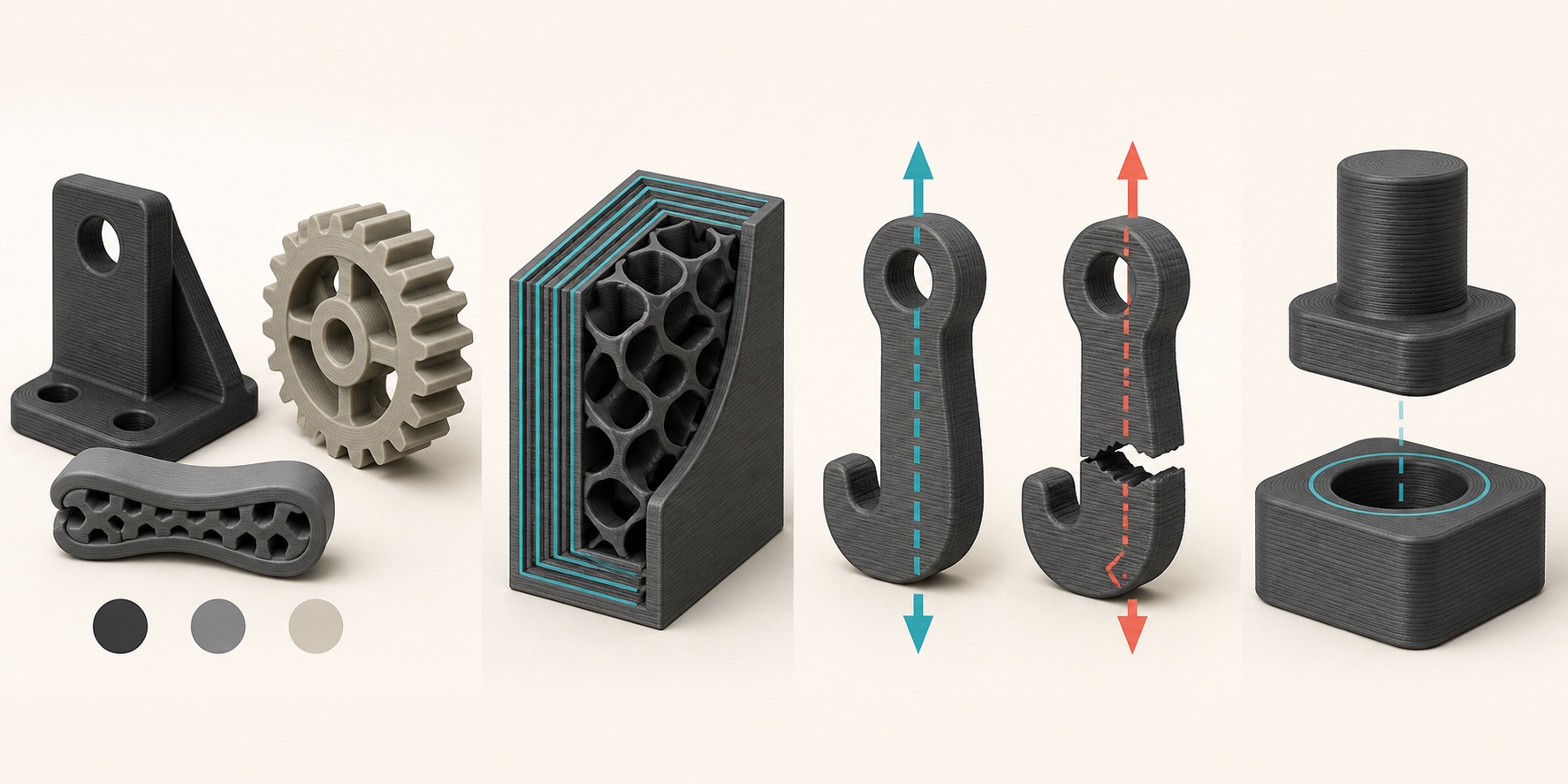Technical illustration of FDM material choices, perimeter walls and infill, layer orientation under load, and clearance between mating parts
