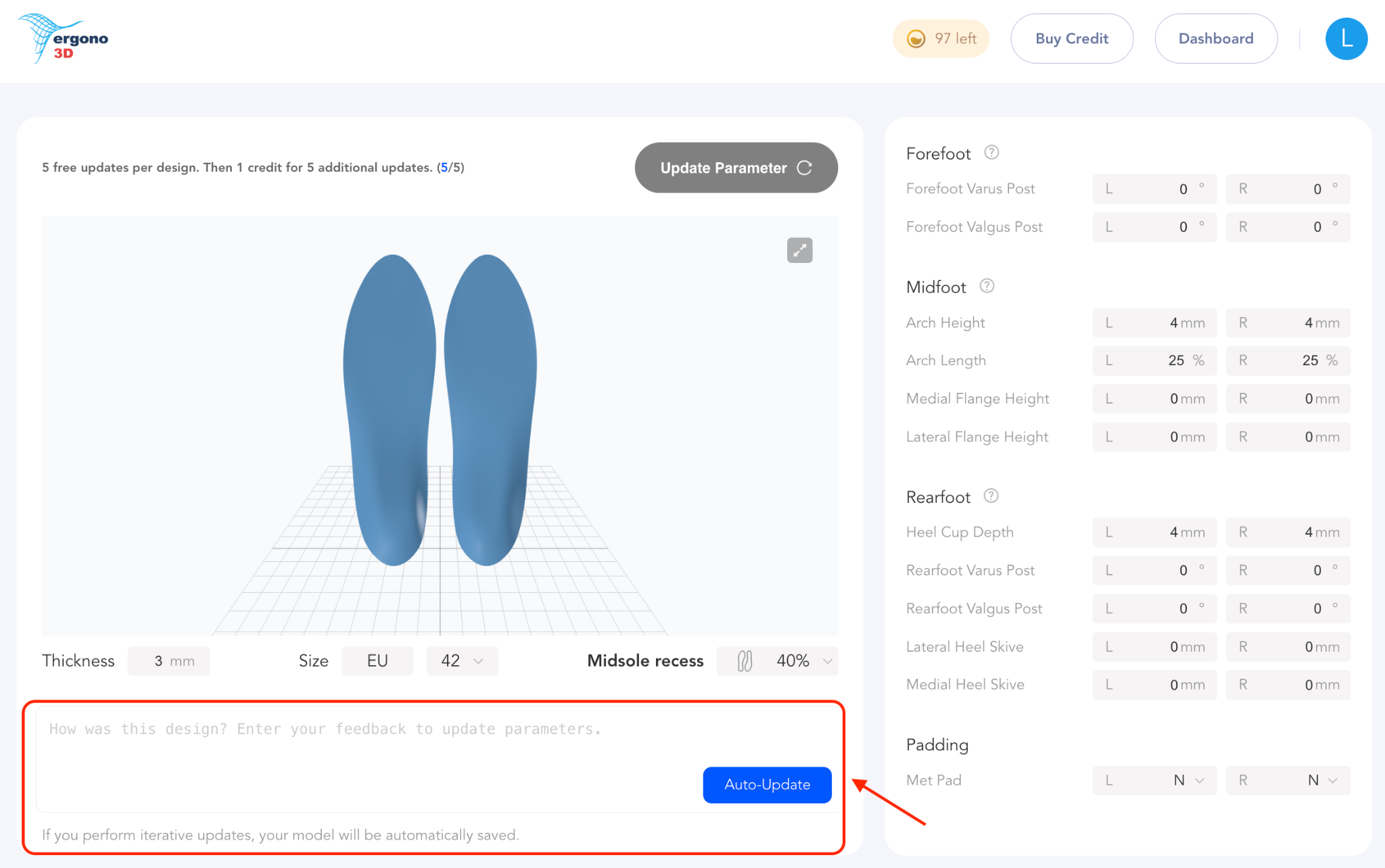 Natural language feedback interface for insole refinement