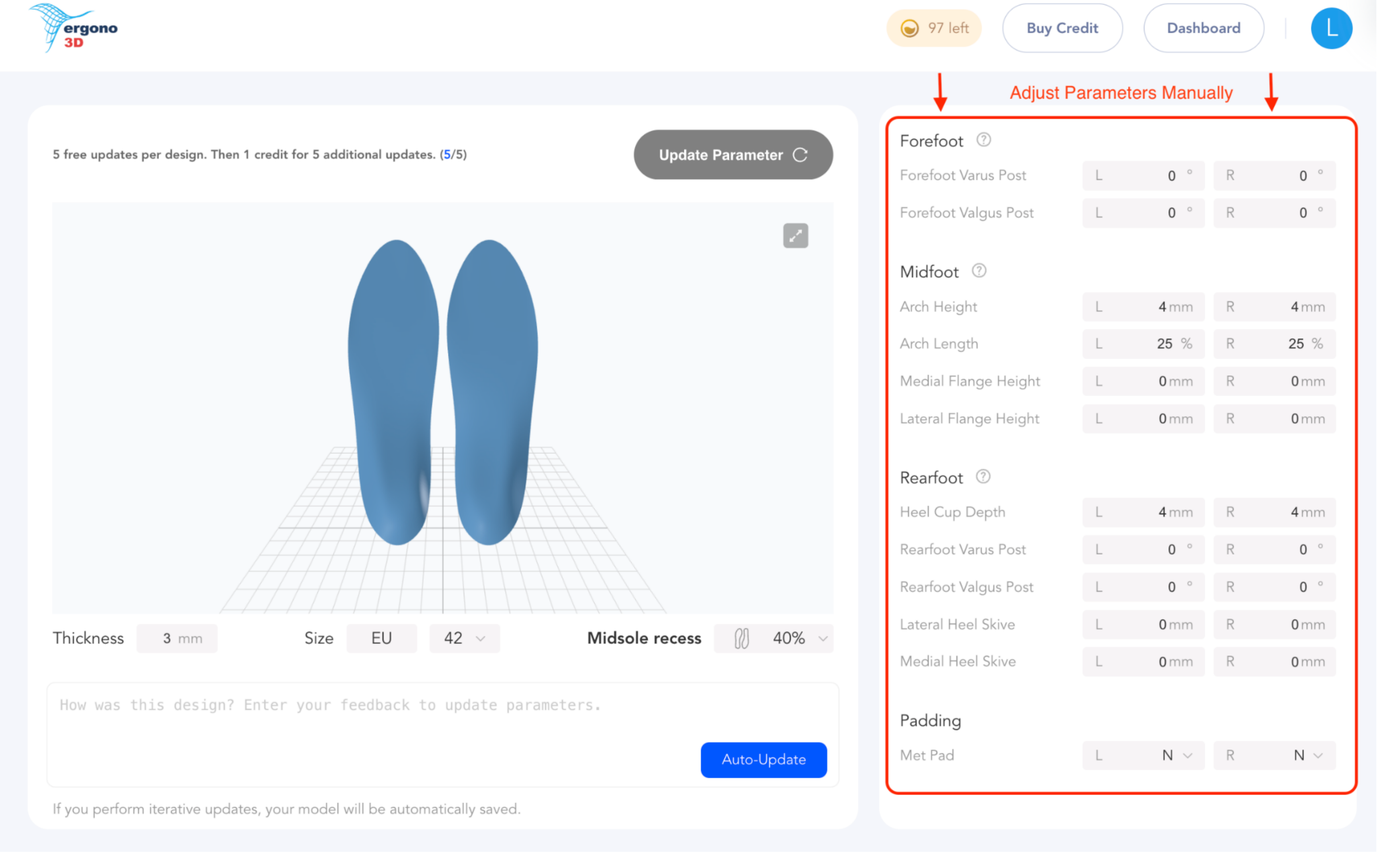 Manual parameter adjustment interface for advanced insole design control