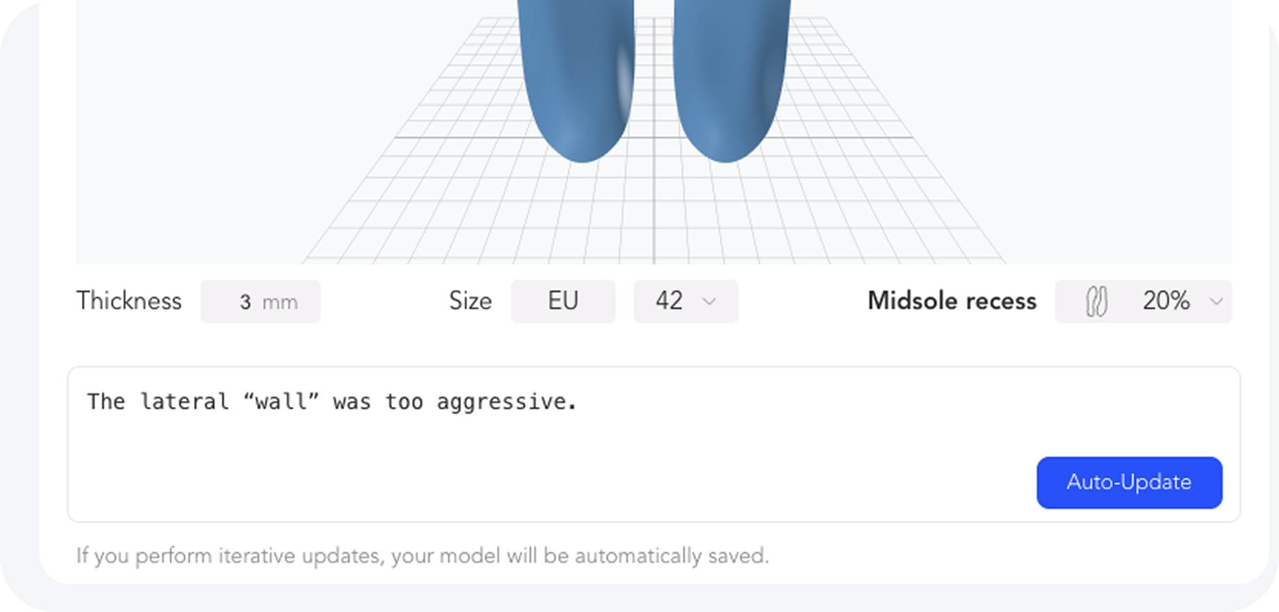 Ergono3D 3D insole preview with thickness, size and midsole recess controls and Auto-Update button