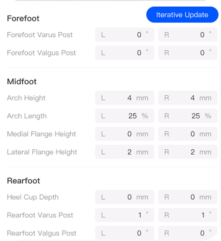 Ergono3D parameter panel showing Forefoot, Midfoot and Rearfoot inputs with Iterative Update button