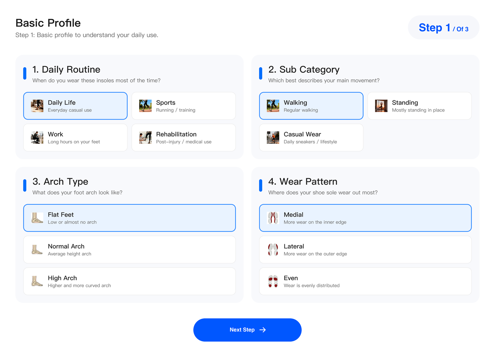 Ergono3D guided profile: daily routine, arch type, sub-category and wear pattern selection
