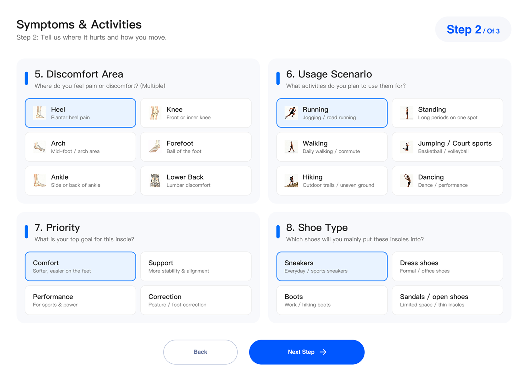 Ergono3D symptom intake: discomfort area, usage scenario, priority and shoe type selection