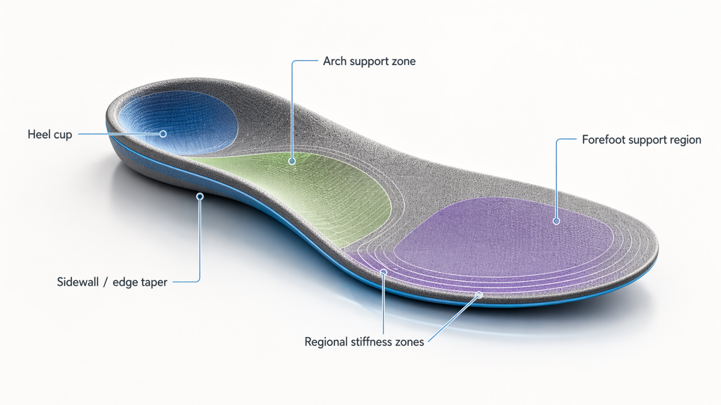 Annotated insole parameter zones for heel cup, arch support, forefoot support, edge taper, and regional stiffness